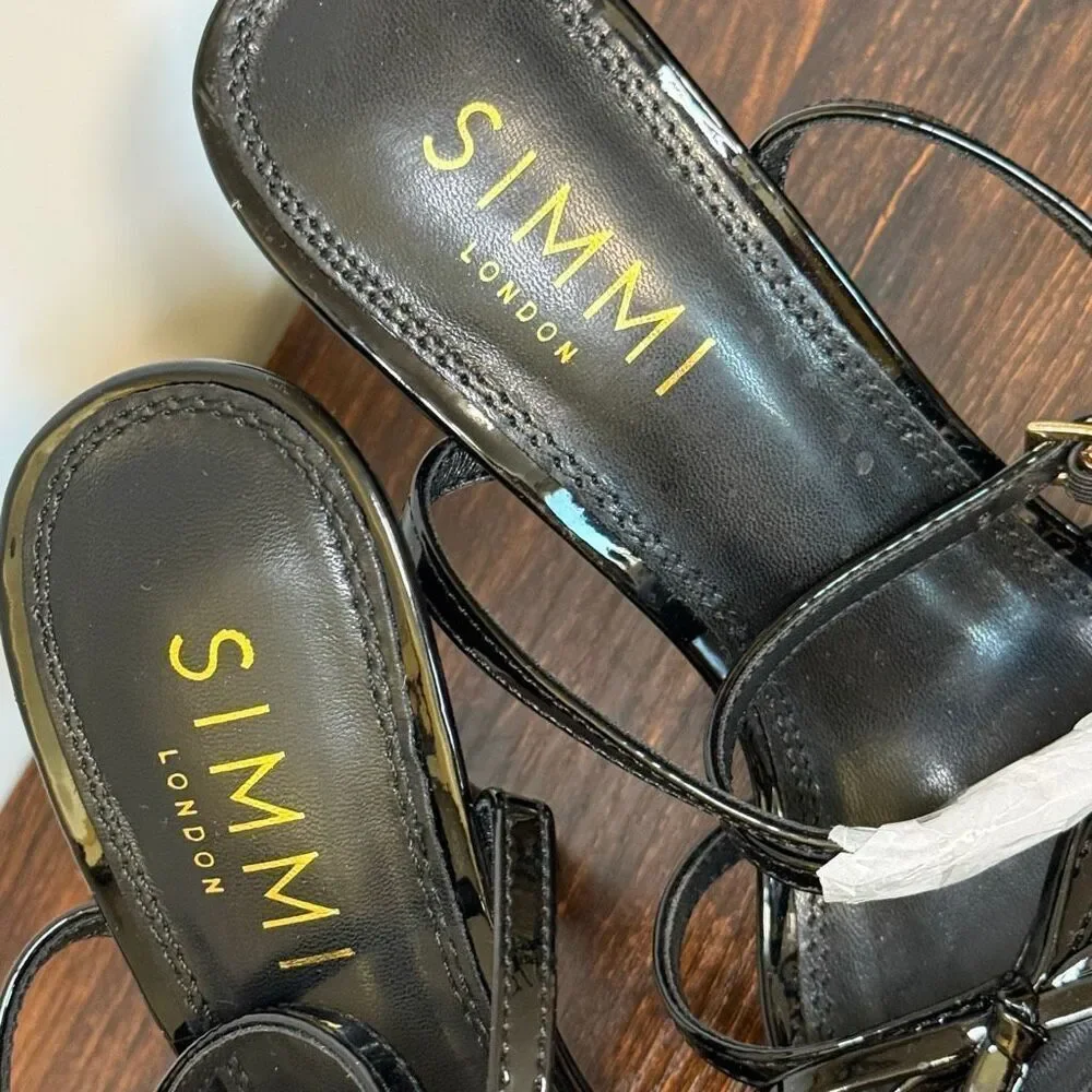 Simmi London Estela 3 black patent leather bow ankle wrap gold buckle size 6 4.5